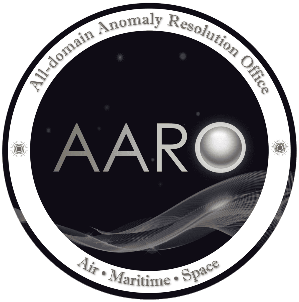 Logo for the All-domain Anomaly Resolution Office of the U.S. Defense Department. The Latin text across the top of the roundel reads "universum mutao est" (The universe is changing