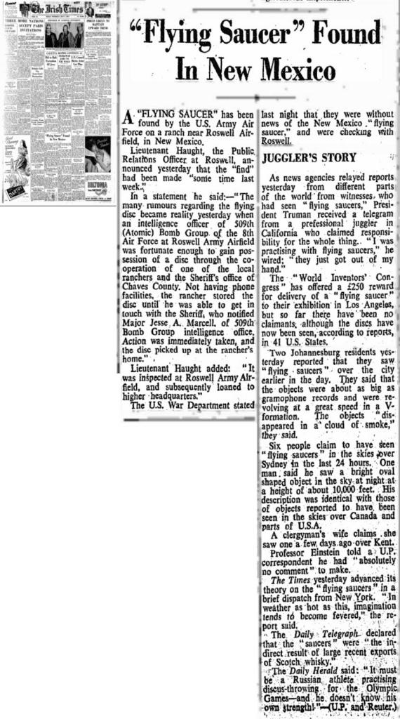 1947 article about the "Flying Saucer" Found in New Mexico on first page of the Irish Times.