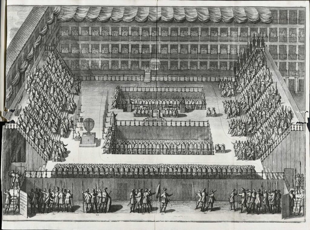 Auto de fe celebrado en la Plaza Mayor de Madrid, 1680, grabado calcográfico incorporado a la obra de José del Olmo, Relación histórica del autor general de fe que se celebró en Ma
