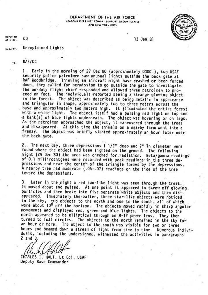 Memorandum by Lieutenant Colonel Charles Halt to the British Ministry of Defense regarding an incident in Rendlesham Forest , entitled "Unexplained Lights".