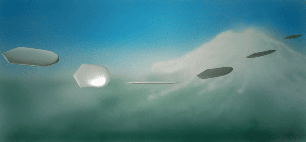 Illustration of 6 craft (out of a total of 9) seen from a distance of c.23 miles by Kenneth Arnold on 24 June 1947. The 9 craft flew at an altitude of 9,500-10,000 ft while transit