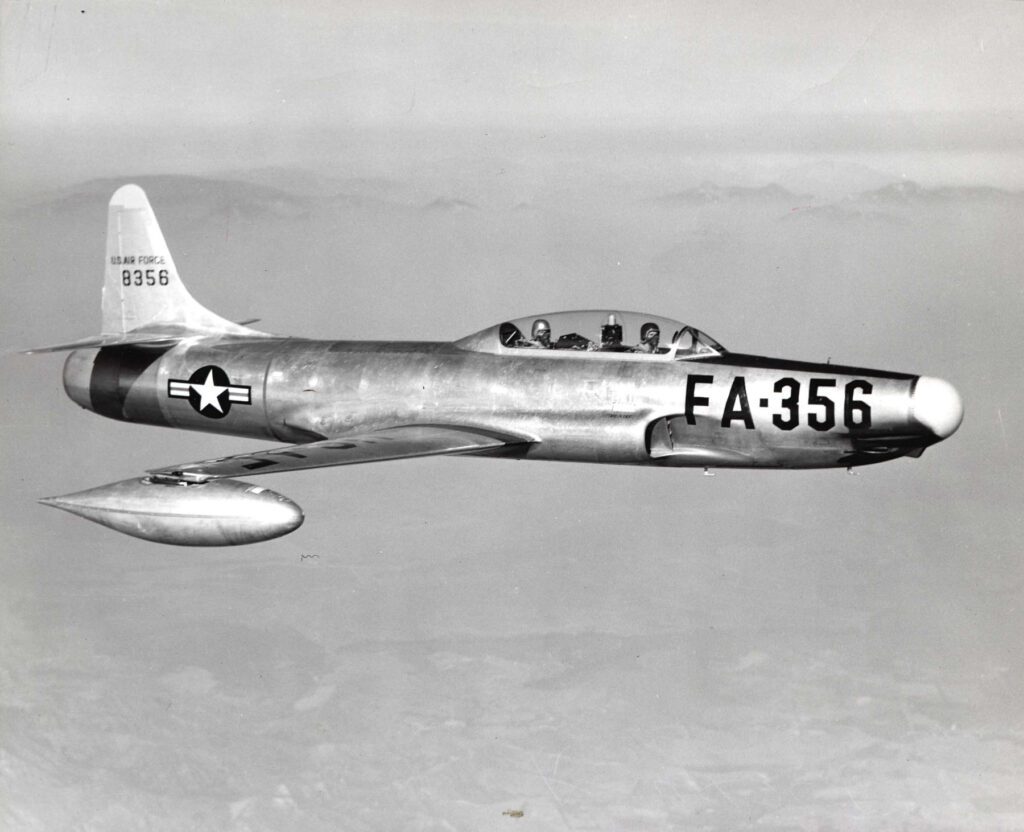 A U.S. Air Force Lockheed YF-94A (s/n 48-356) in flight. This was the first one built, converted from a TF-80C. This aircraft later became the F-94B prototype and is today preserve