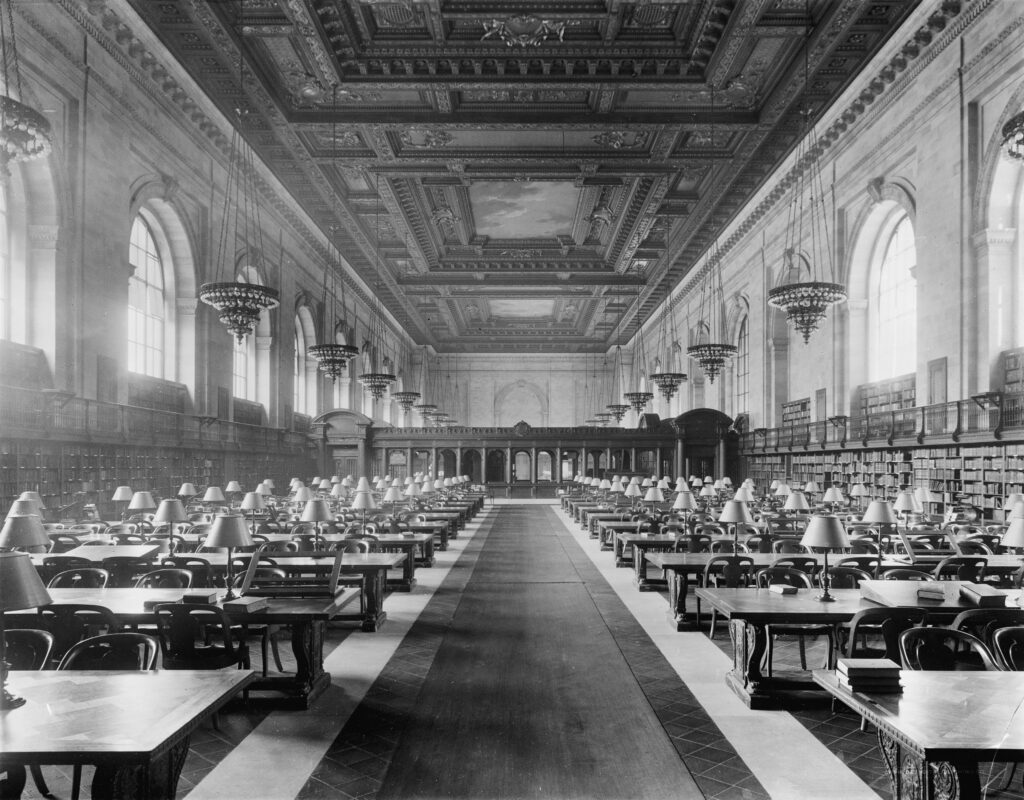 Main Reading Room of the New York City Public Library on 5th Avenue.