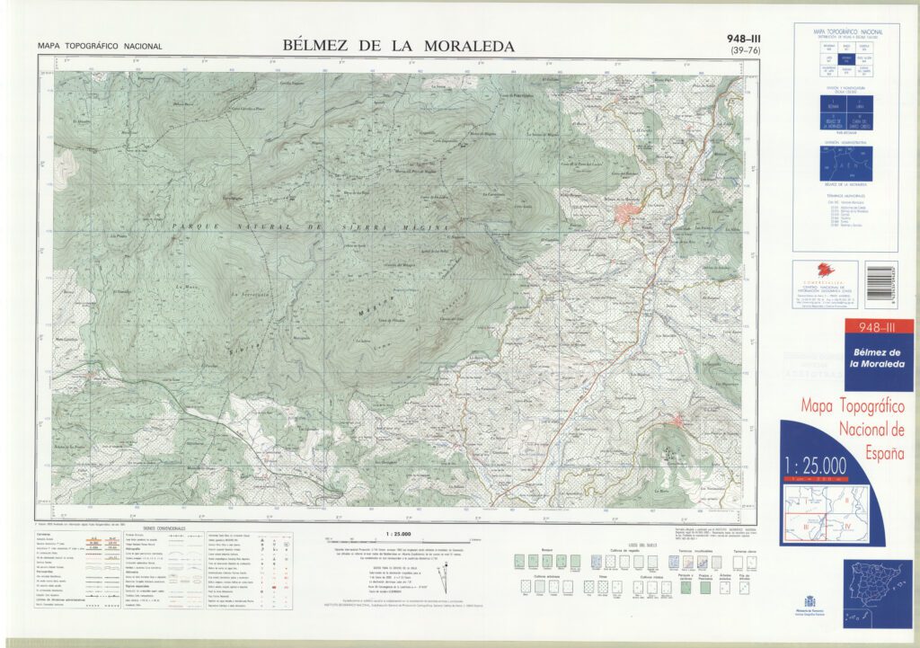 Fragment 0948c3 of the National Topographic Map of Spain in 2003 at a scale of 1:25000 printed and scanned with a resolution of 250 ppi. It shows Belmez de La Moraleda.