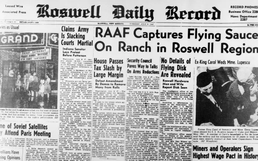 Roswell Daily Record . July 8, 1947. Article titled: "RAAF Captures Flying Saucer On Ranch in Roswell Region". Flying saucer article is readable when image is enlarged to maximum s