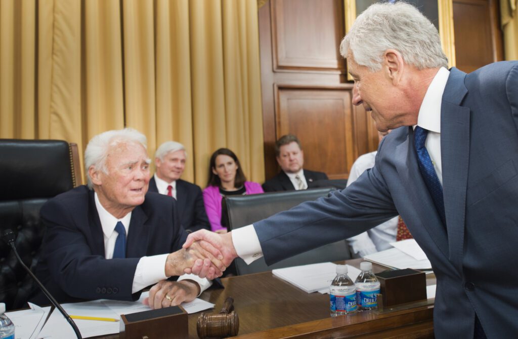 Secretary of Defense Chuck Hagel greets Congressman Bill Young, Chairman of the House Appropriations Committee on Defense at the Rayburn House Office Building April 16, 2013. (DoD