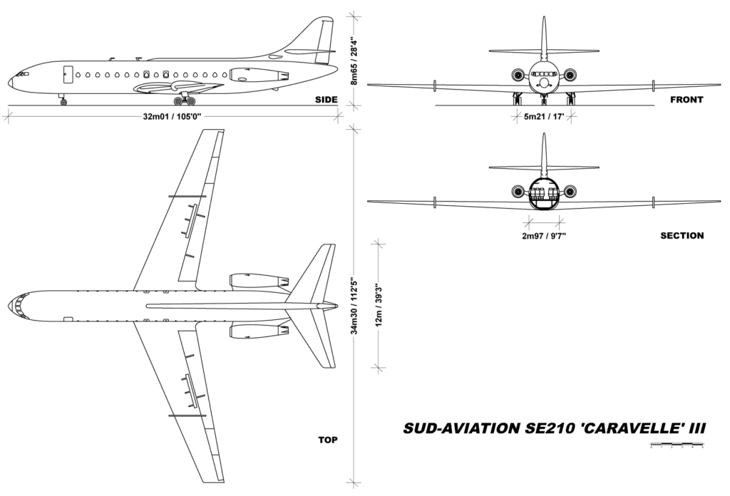 Schematics of Caravelle III. Side, top, front, section.